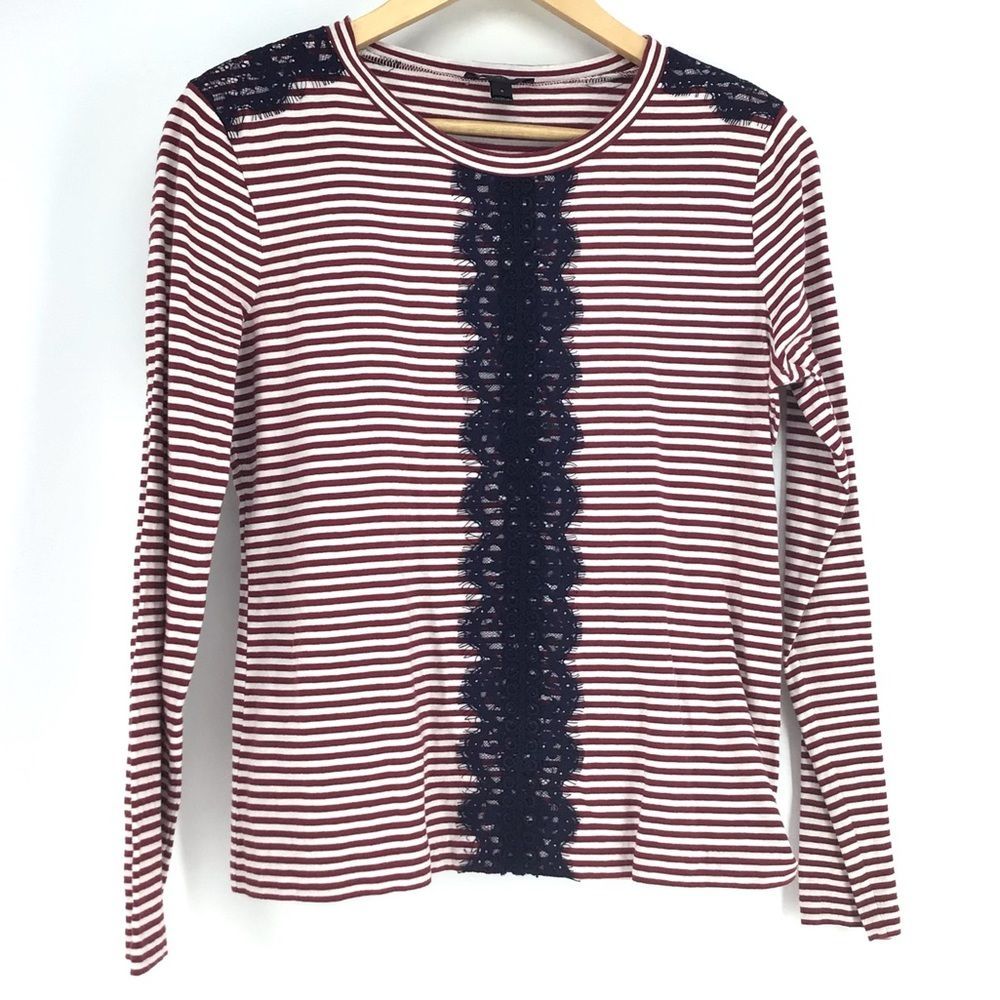J. Crew Lace Red Long Sleeve Striped T-Shirt Top